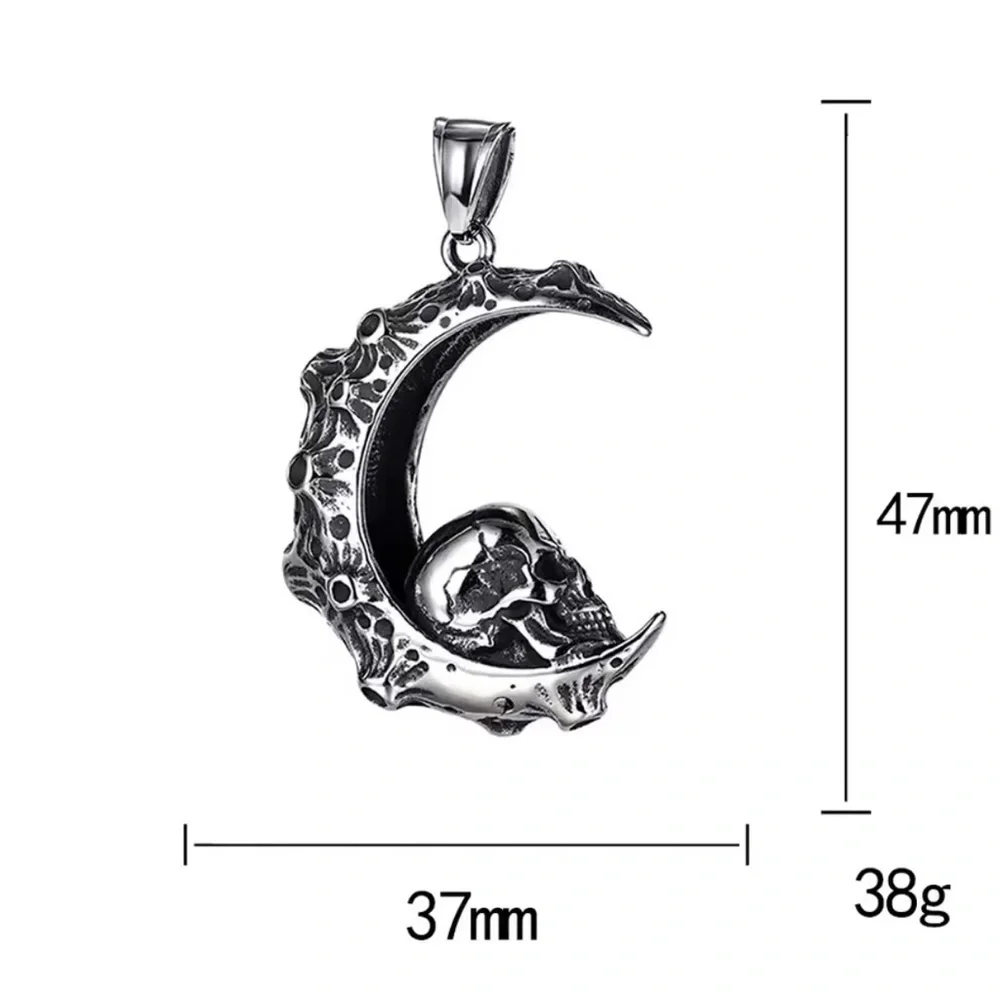 925 Sterling Silver Skull In Crescent Moon NO FADE Necklace Unisex Biker Goth